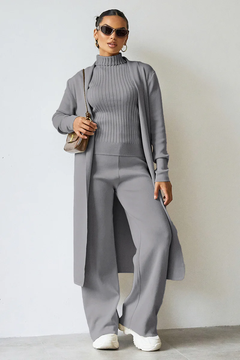 Turtle Neck Tank & Wide Leg Trousers with Cardigan Three-Piece Set - Image 12