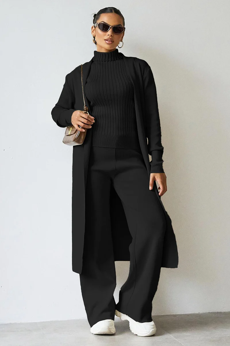 Turtle Neck Tank & Wide Leg Trousers with Cardigan Three-Piece Set - Image 3