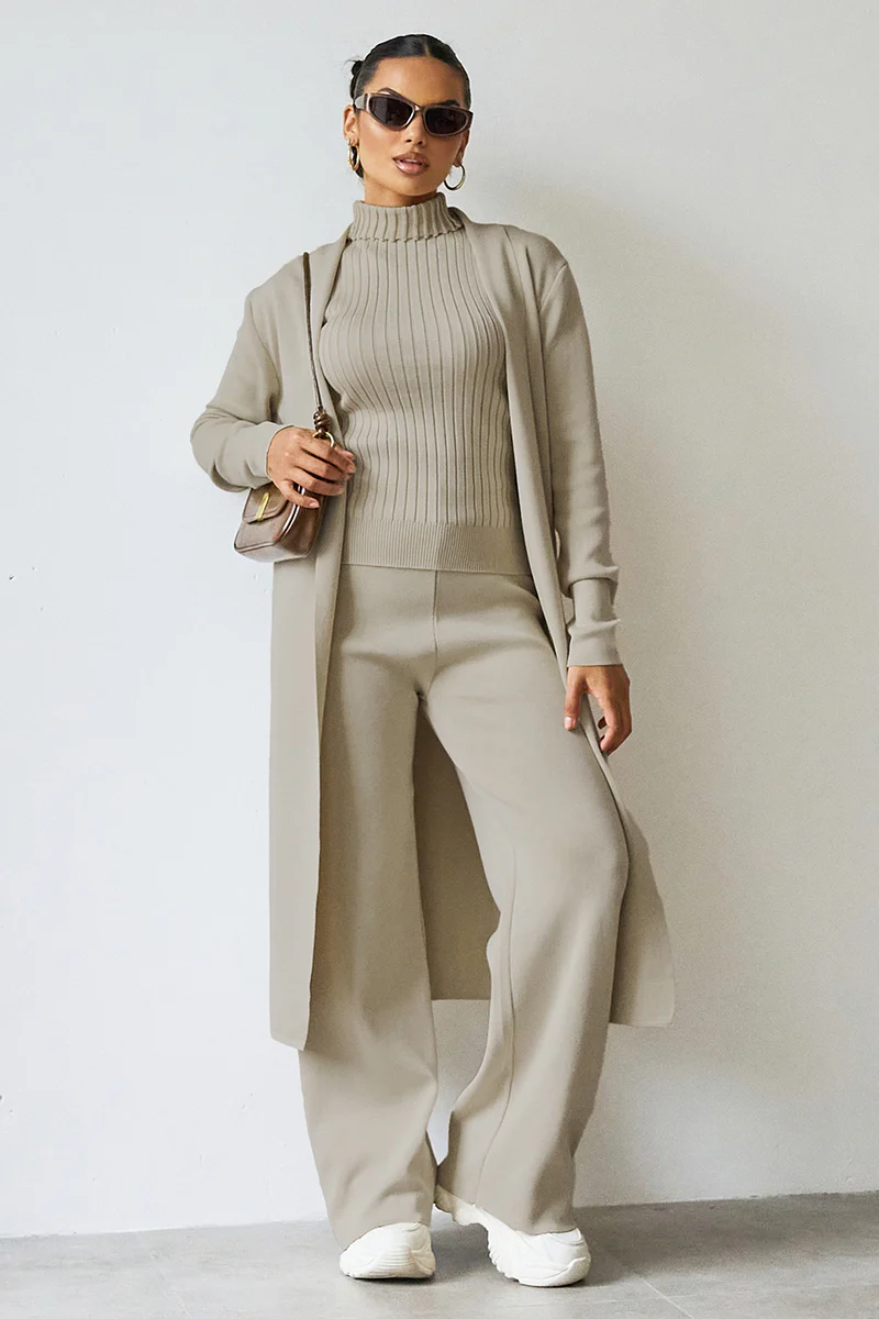 Turtle Neck Tank & Wide Leg Trousers with Cardigan Three-Piece Set - Image 5