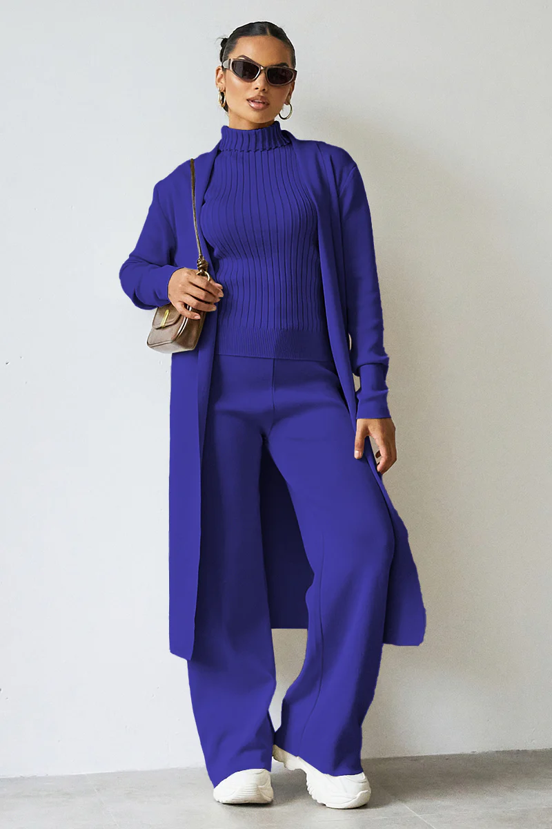 Turtle Neck Tank & Wide Leg Trousers with Cardigan Three-Piece Set - Image 7