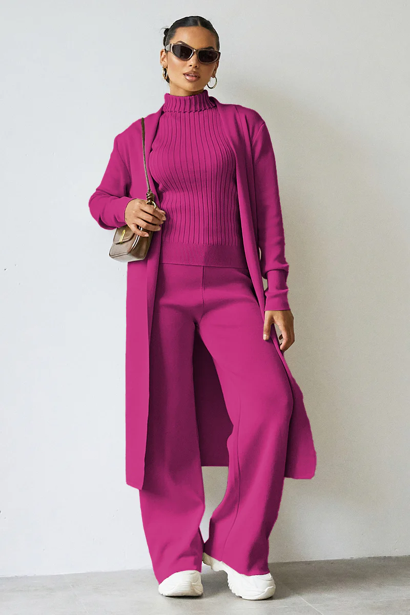 Turtle Neck Tank & Wide Leg Trousers with Cardigan Three-Piece Set - Image 8