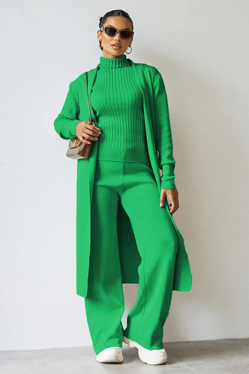 Turtle Neck Tank & Wide Leg Trousers with Cardigan Three-Piece Set - Image 9