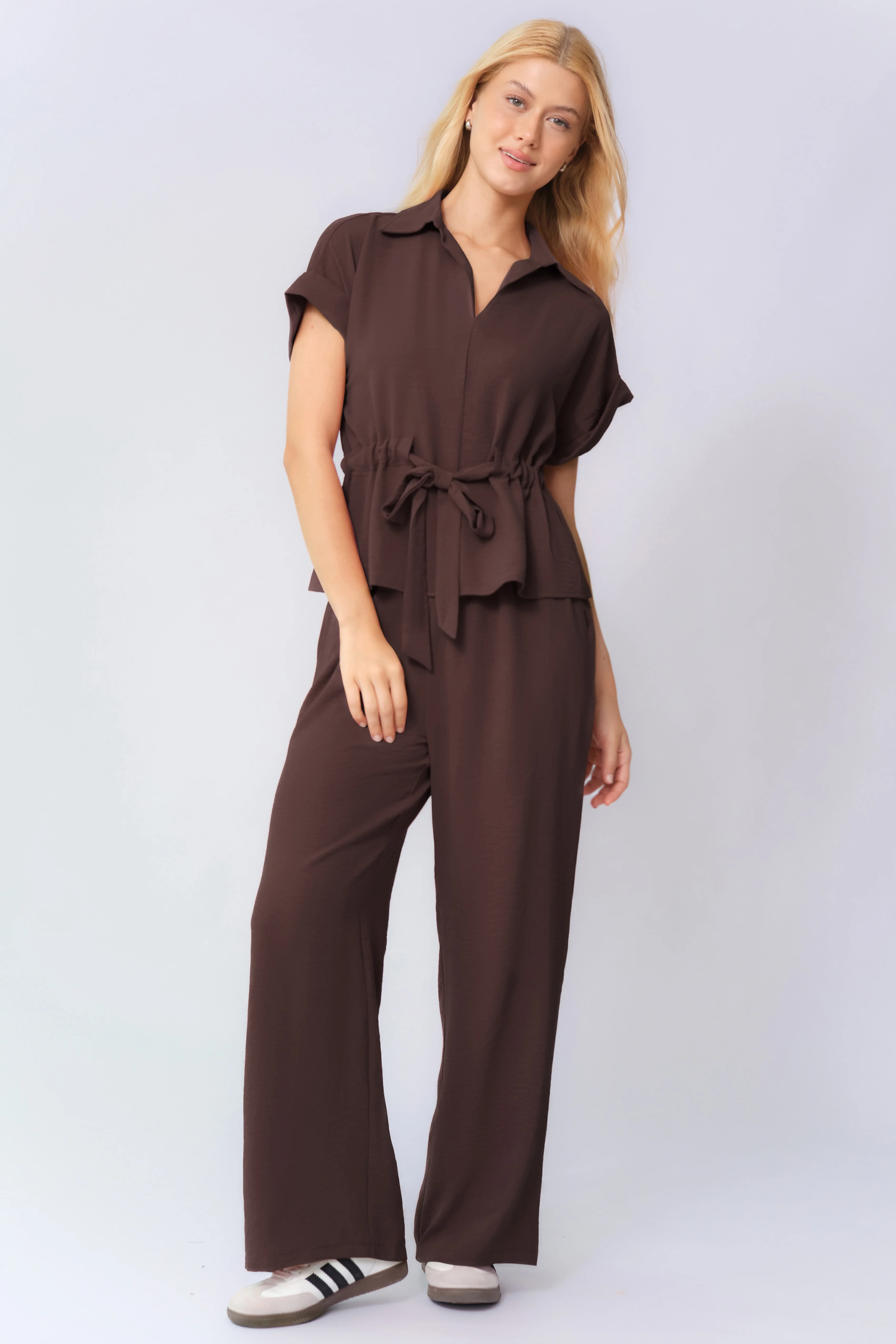 Katchme Collared Rolled-Up Short Sleeve Top & Wide Leg Trousers Co-ord Set - Image 15