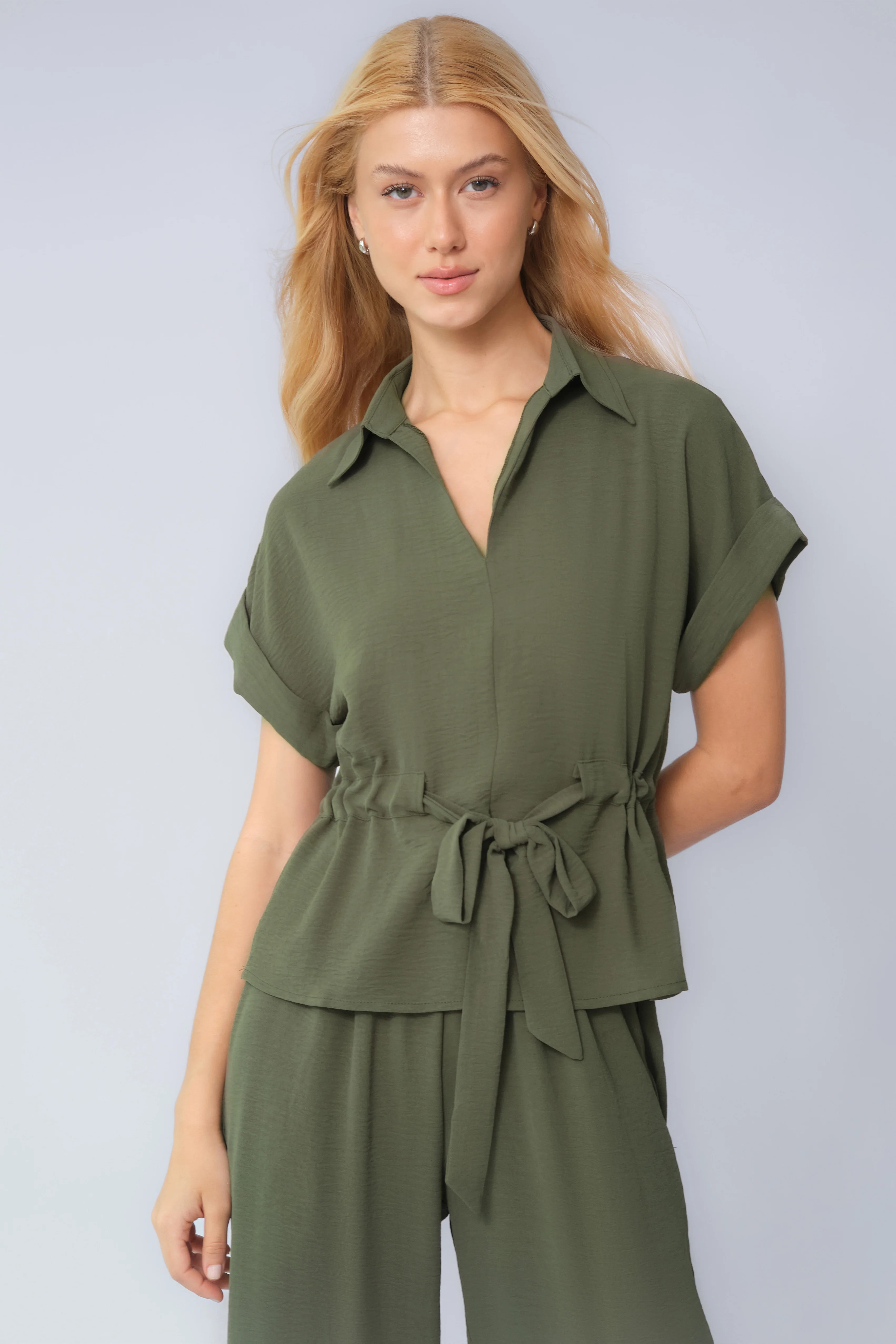 Katchme Collared Rolled-Up Short Sleeve Top & Wide Leg Trousers Co-ord Set - Image 18