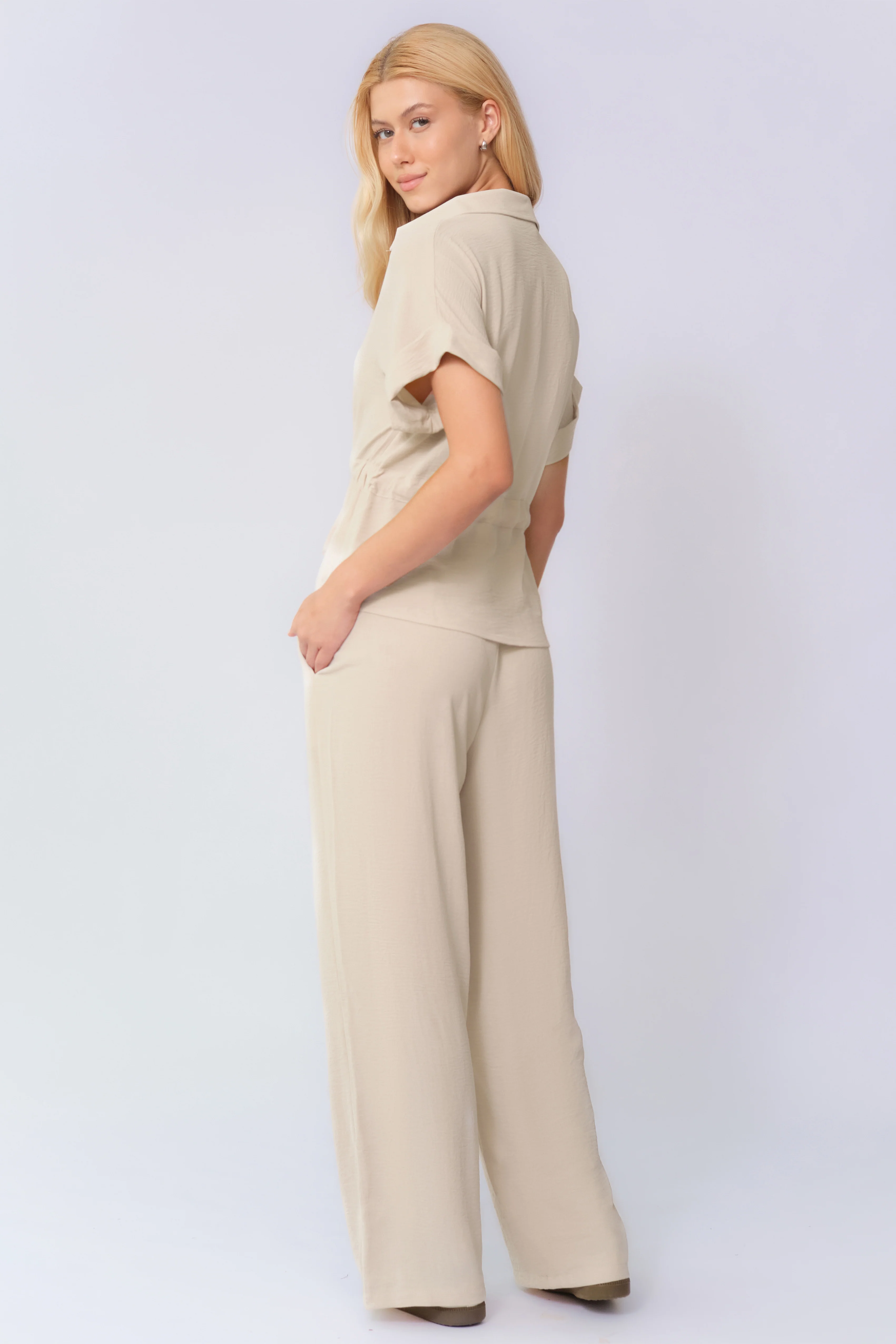 Katchme Collared Rolled-Up Short Sleeve Top & Wide Leg Trousers Co-ord Set - Image 3