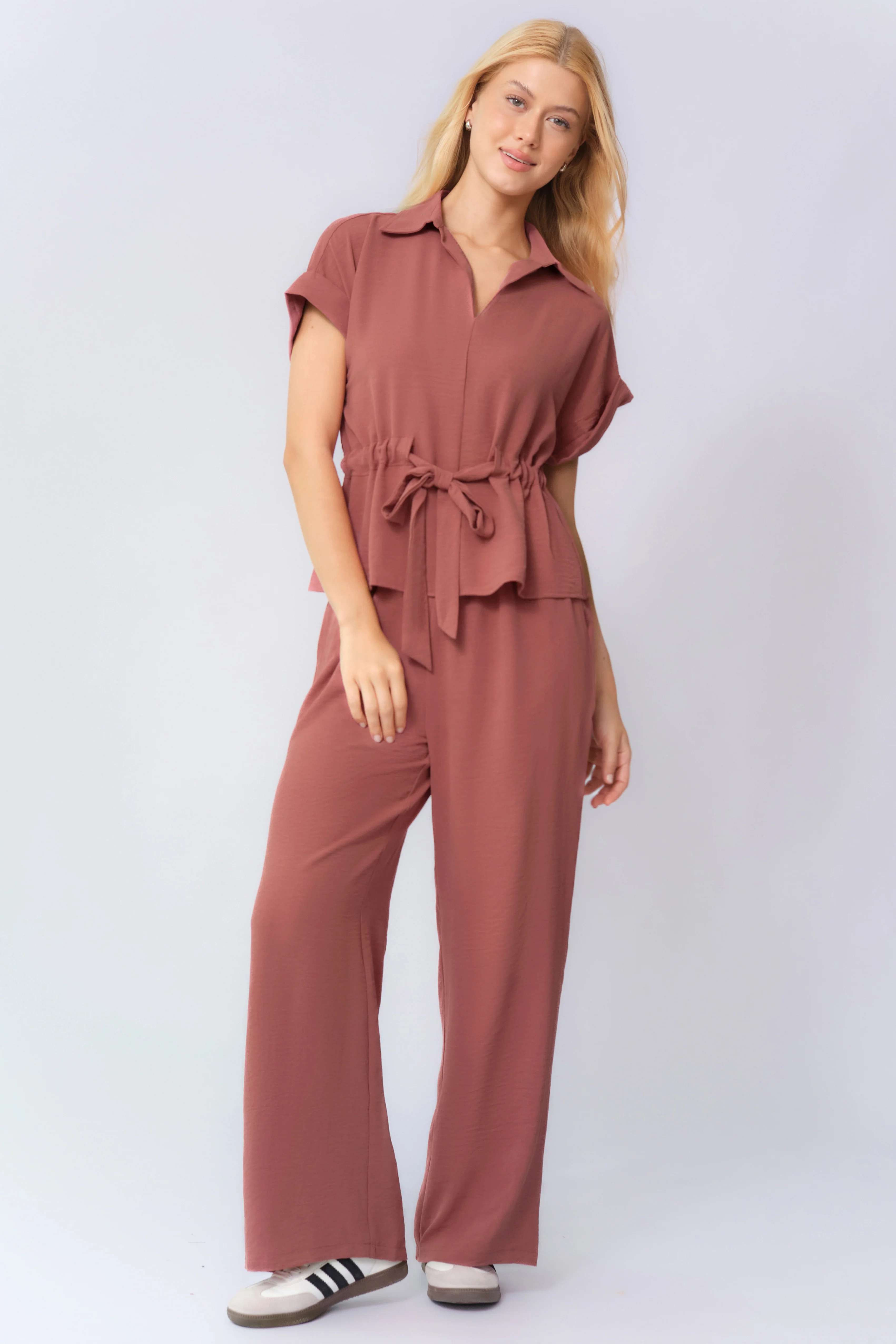 Katchme Collared Rolled-Up Short Sleeve Top & Wide Leg Trousers Co-ord Set - Image 4