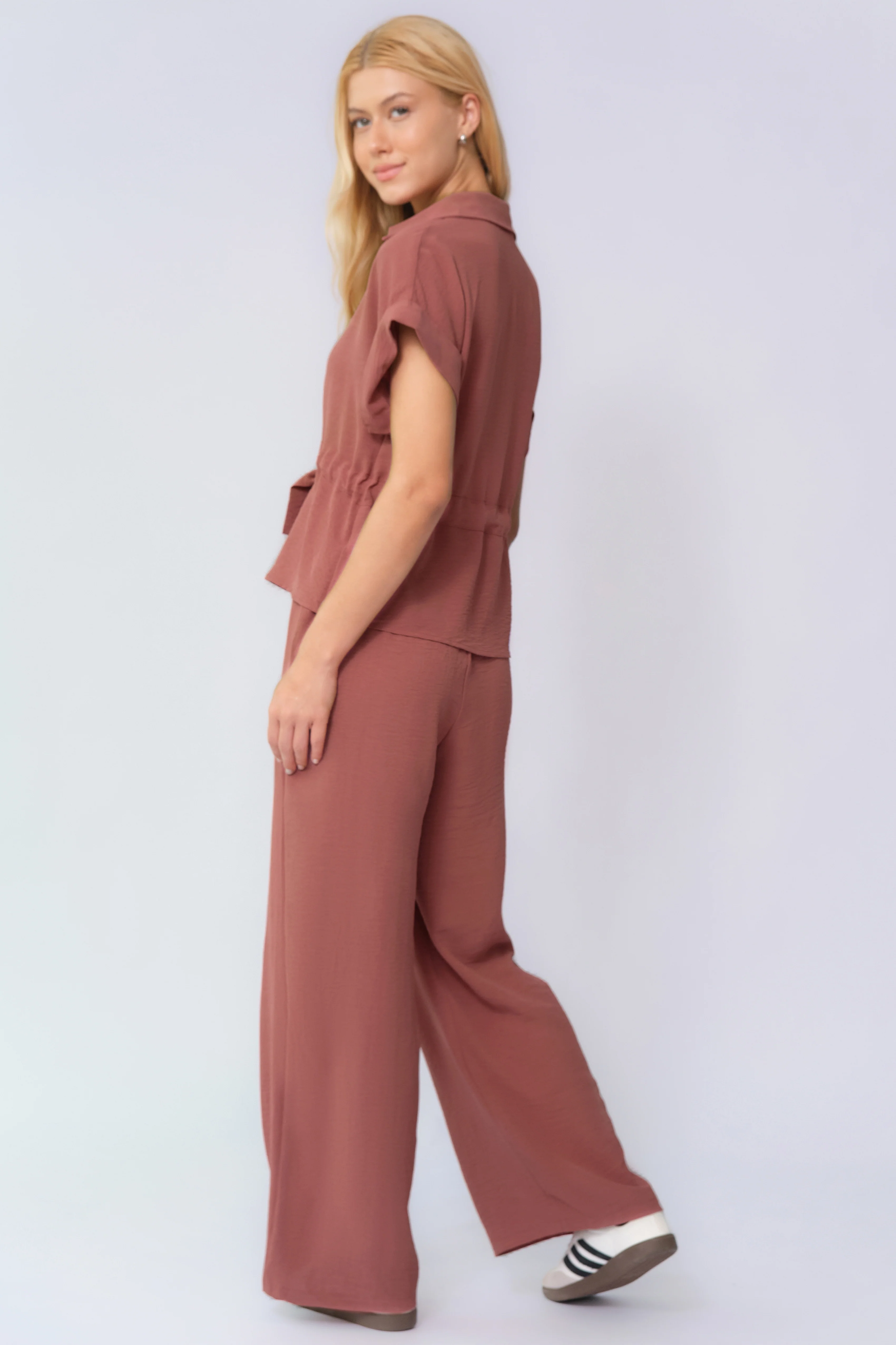 Katchme Collared Rolled-Up Short Sleeve Top & Wide Leg Trousers Co-ord Set - Image 5