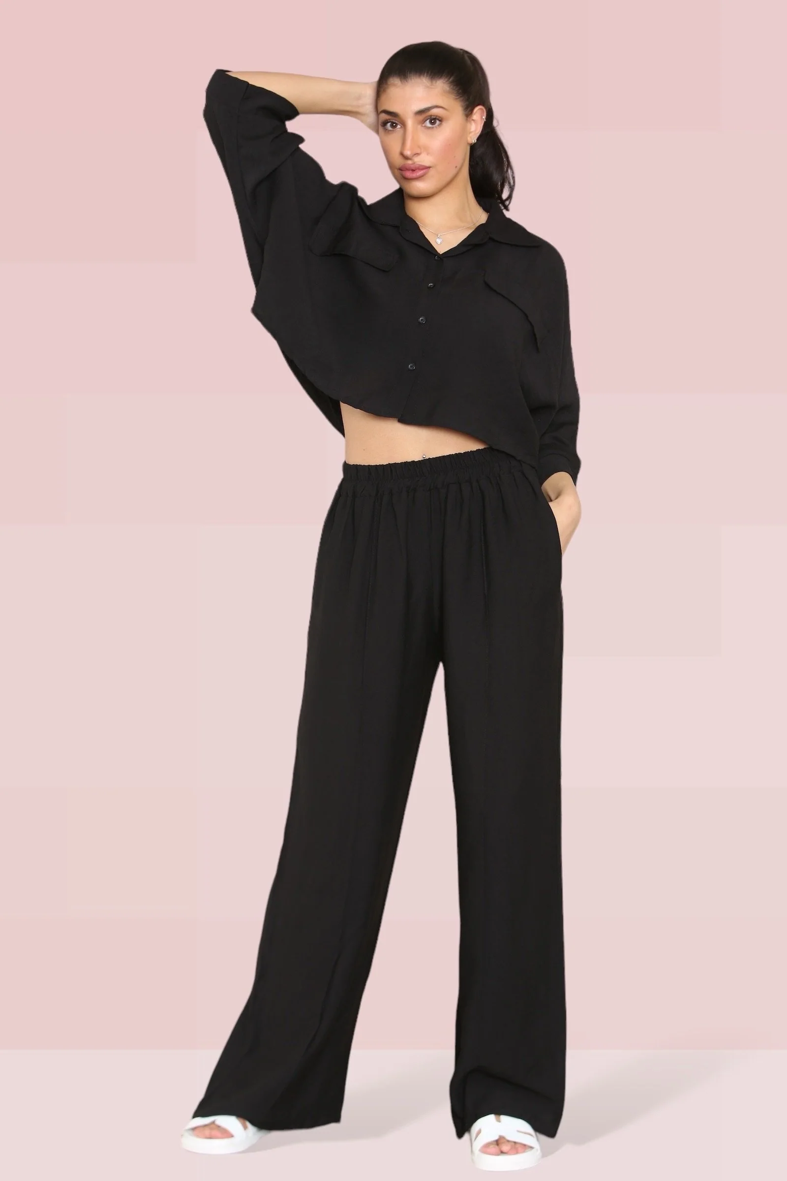 Versatile Long Sleeve Button Crop Shirt & Loose Trousers Co-ord - Image 10