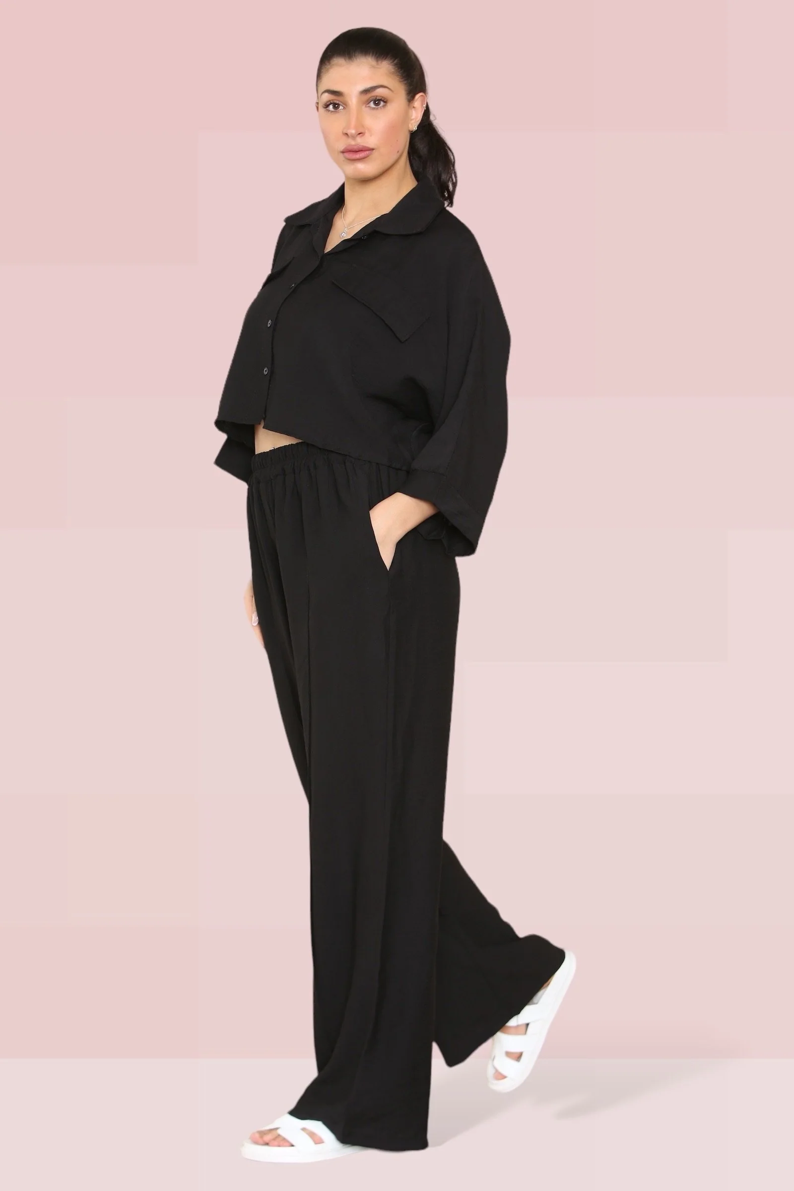 Versatile Long Sleeve Button Crop Shirt & Loose Trousers Co-ord - Image 11