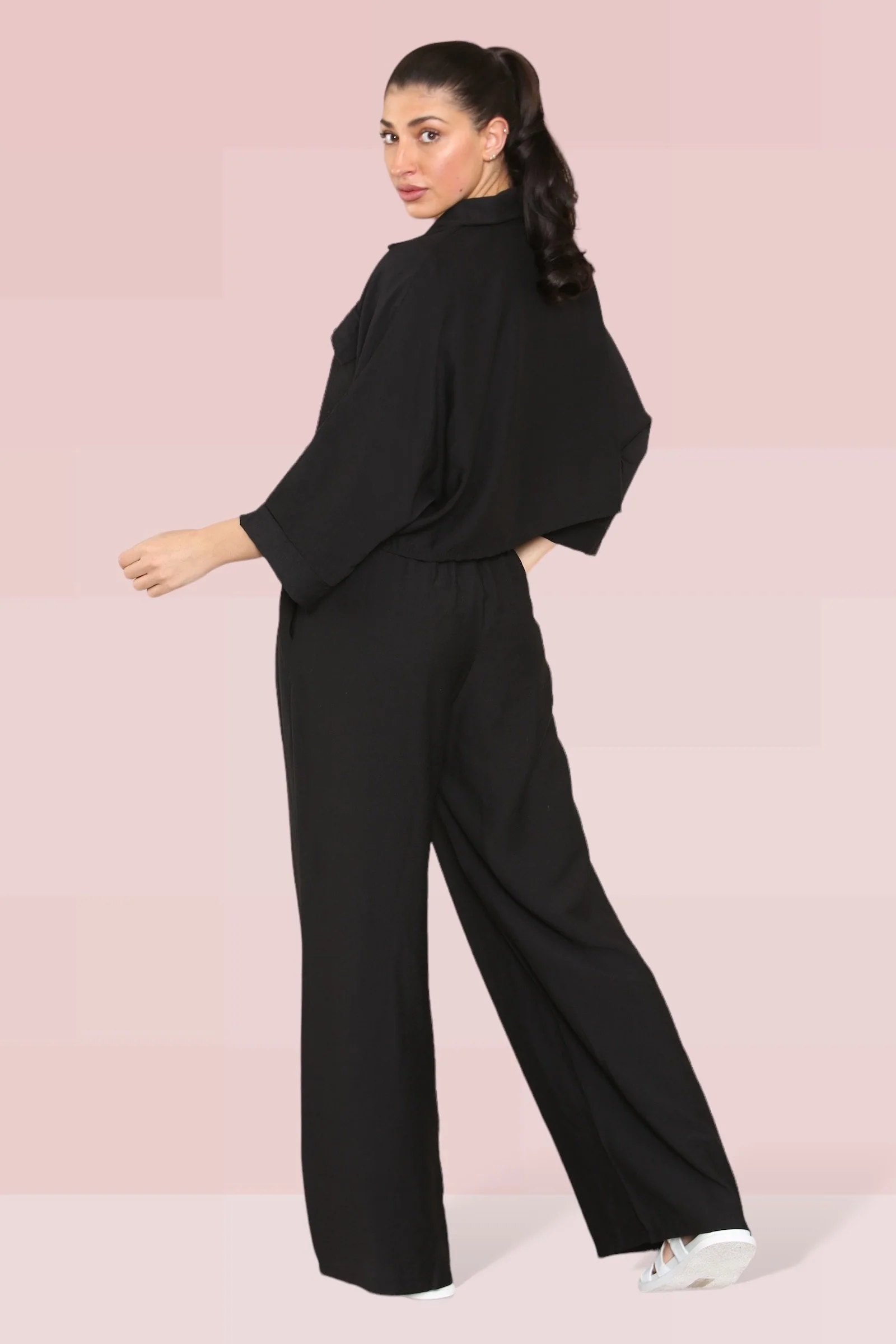 Versatile Long Sleeve Button Crop Shirt & Loose Trousers Co-ord - Image 12