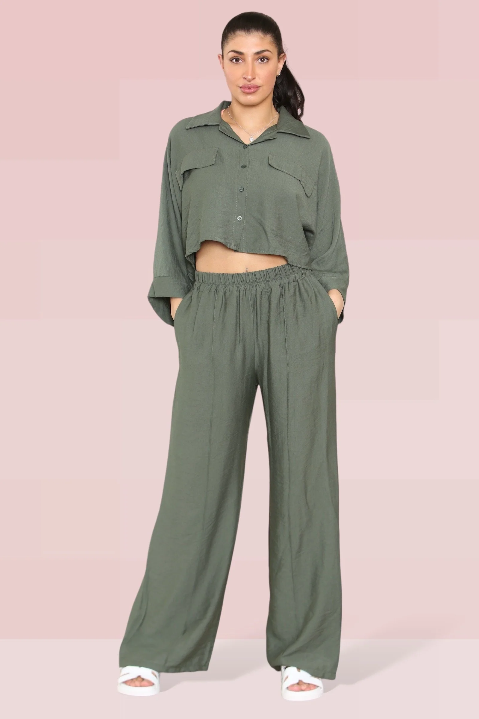 Versatile Long Sleeve Button Crop Shirt & Loose Trousers Co-ord - Image 13