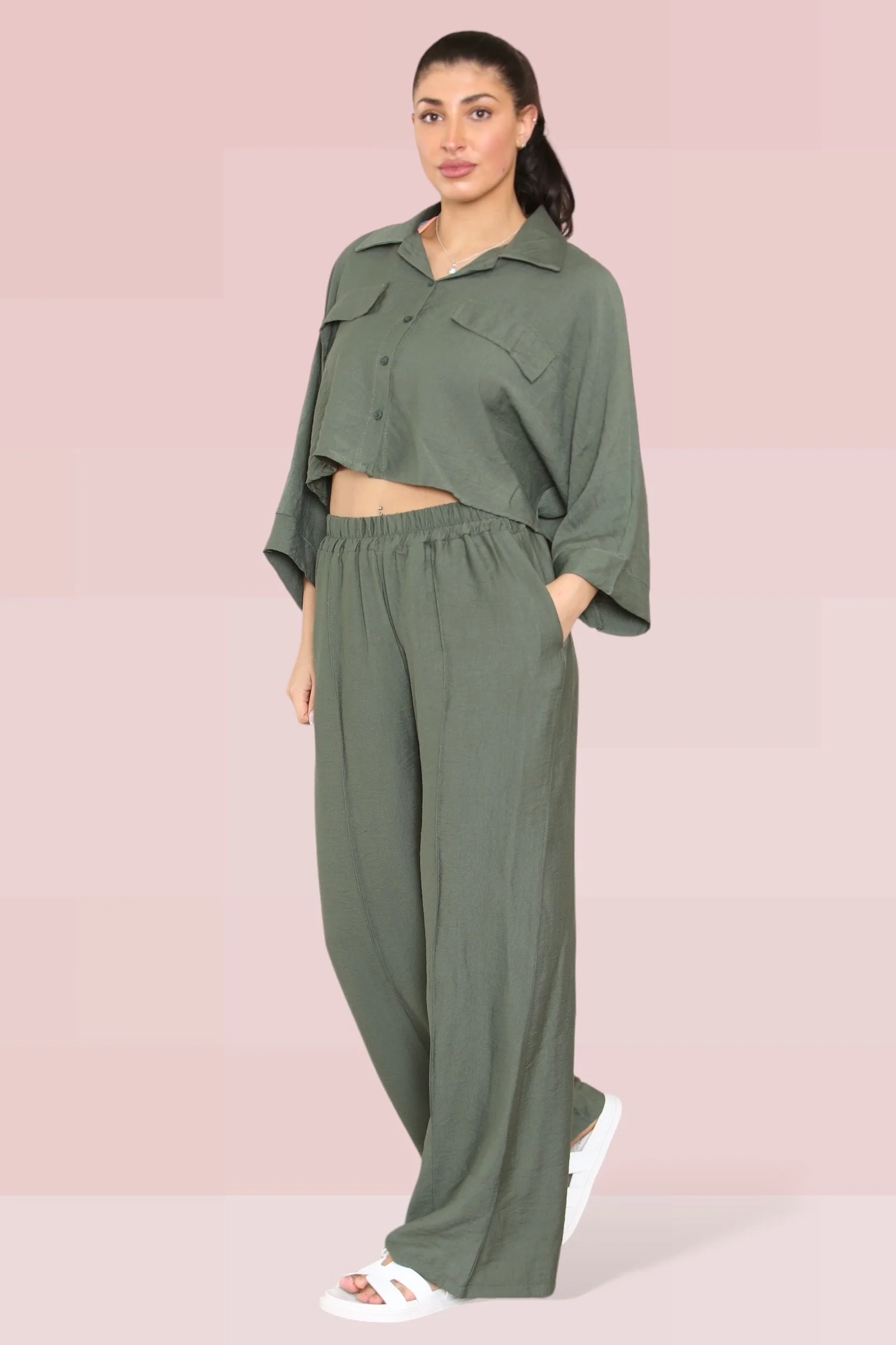 Versatile Long Sleeve Button Crop Shirt & Loose Trousers Co-ord - Image 14