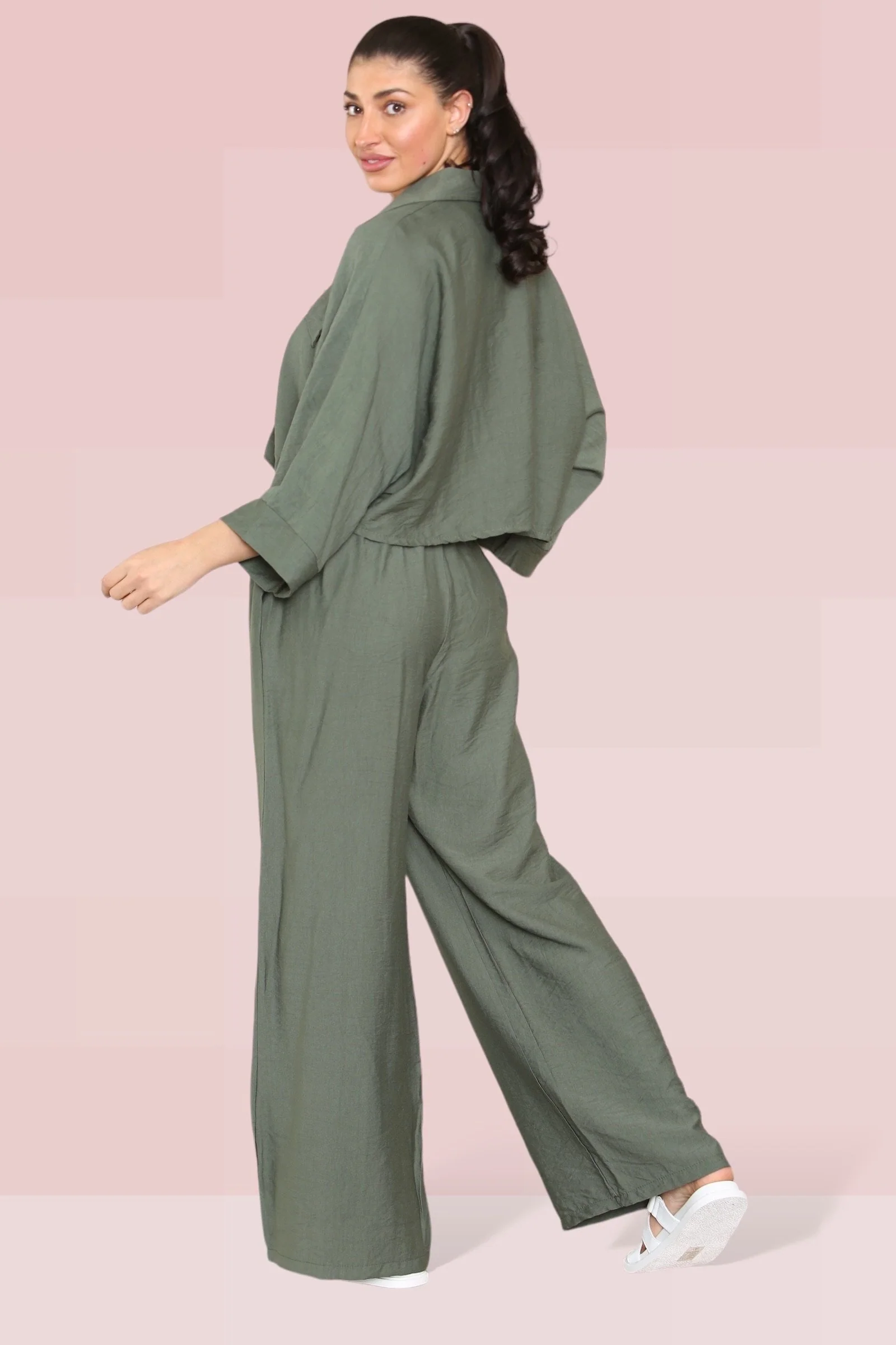 Versatile Long Sleeve Button Crop Shirt & Loose Trousers Co-ord - Image 15