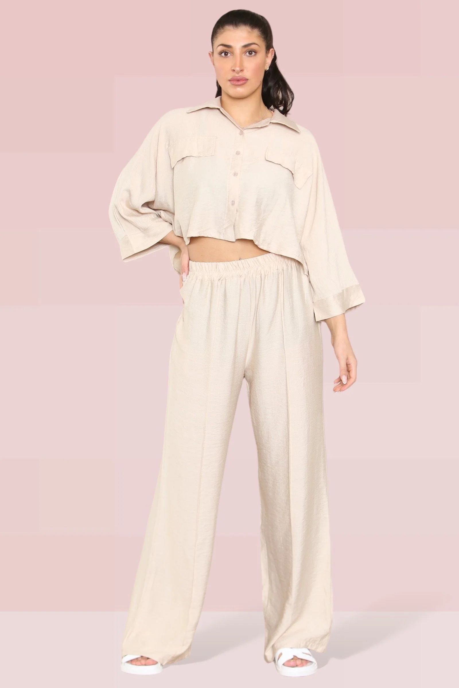 Versatile Long Sleeve Button Crop Shirt & Loose Trousers Co-ord - Image 16