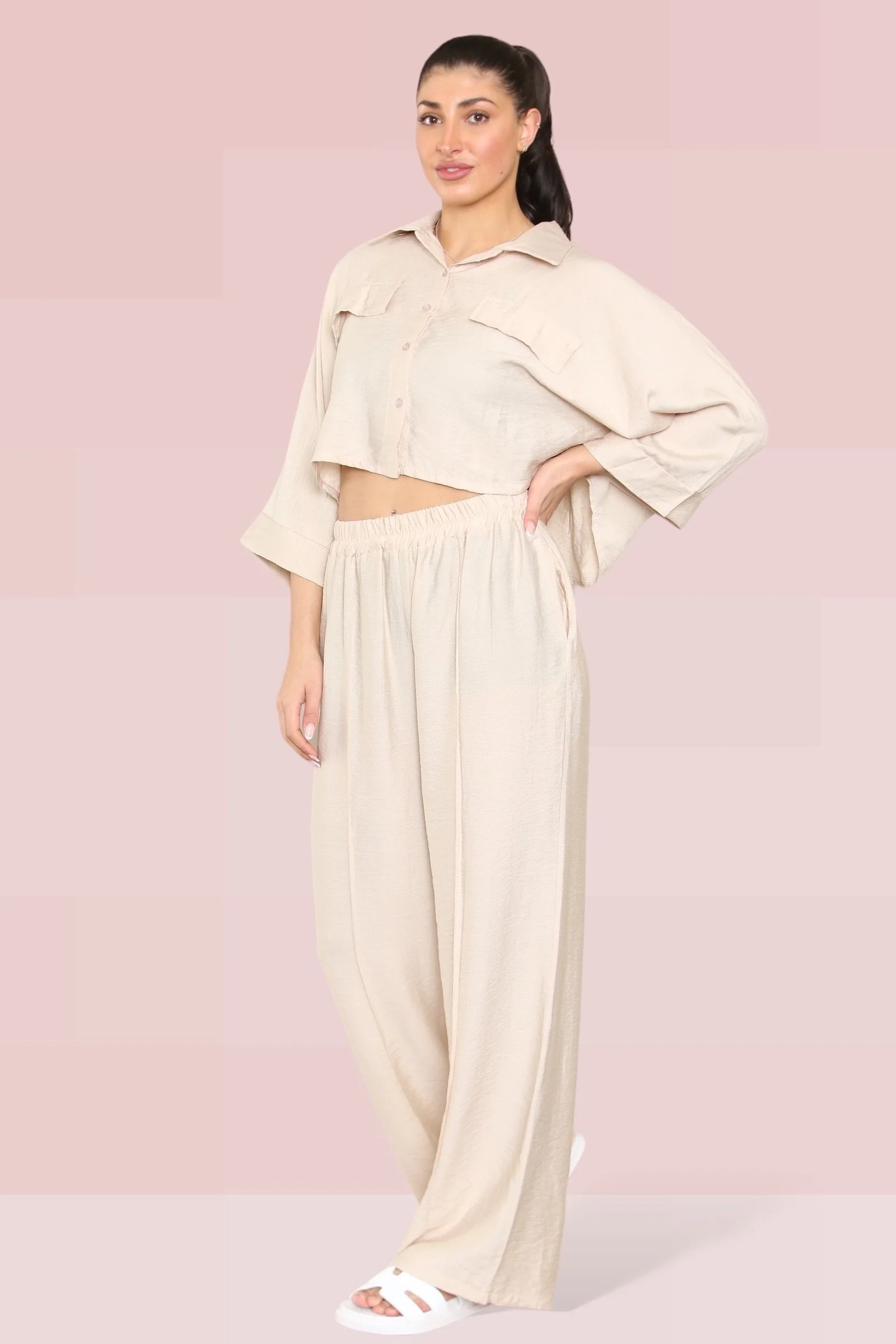 Versatile Long Sleeve Button Crop Shirt & Loose Trousers Co-ord - Image 17