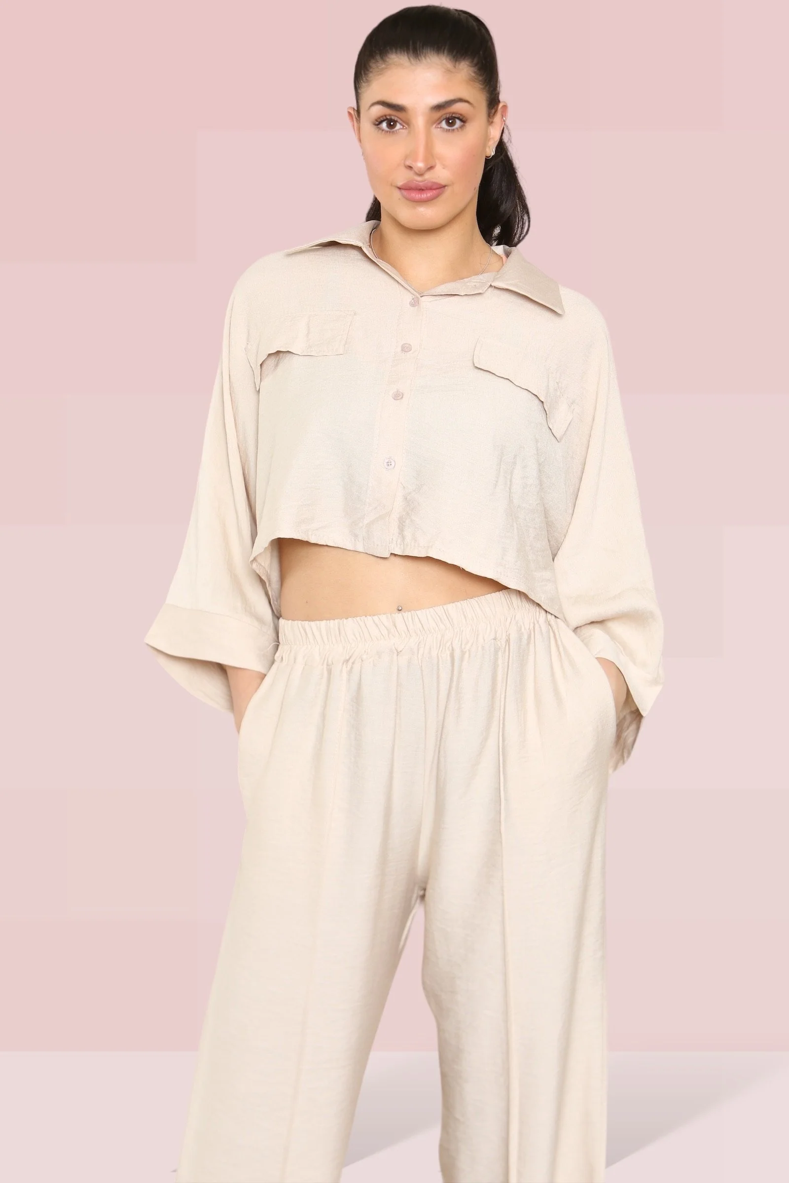 Versatile Long Sleeve Button Crop Shirt & Loose Trousers Co-ord - Image 19