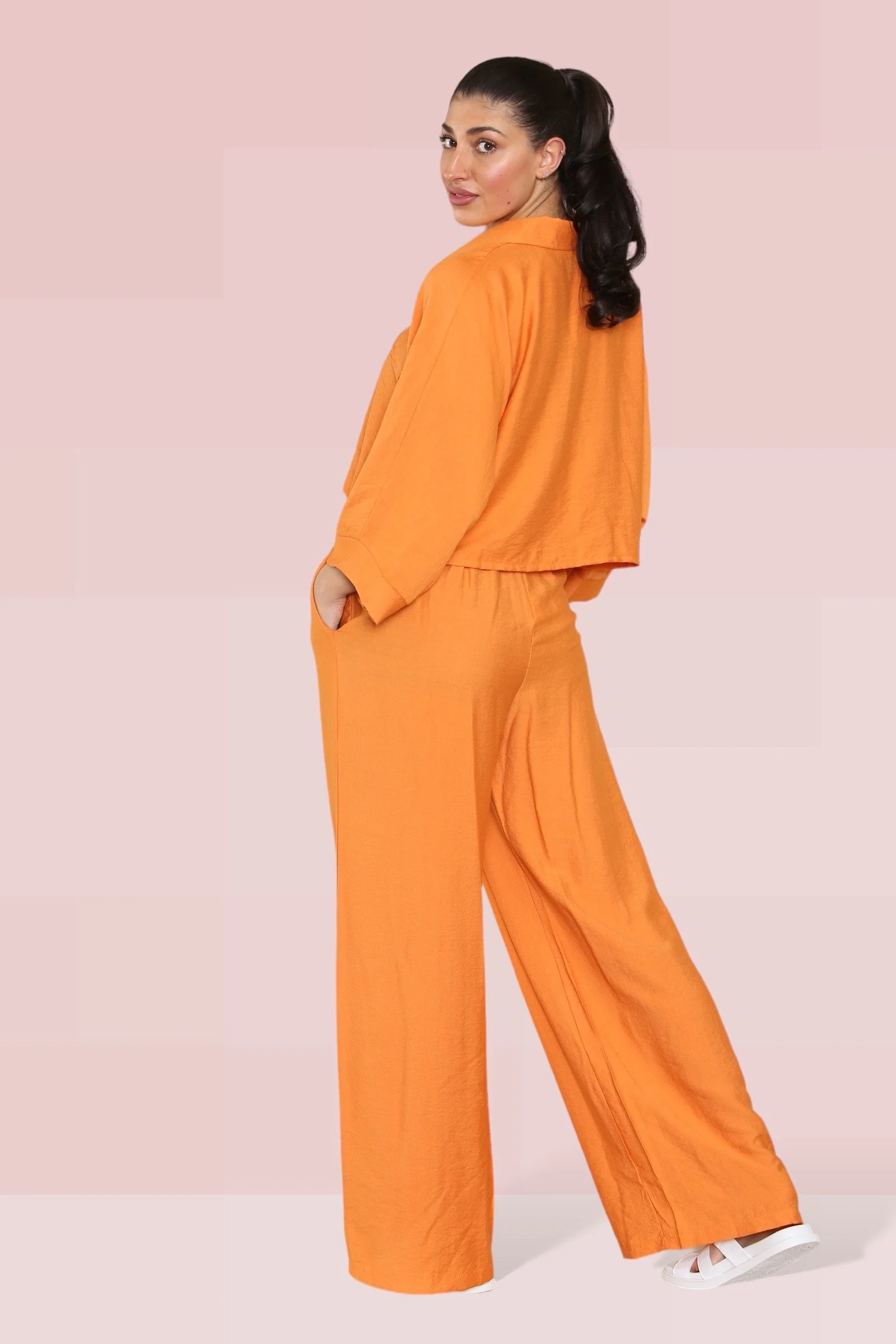 Versatile Long Sleeve Button Crop Shirt & Loose Trousers Co-ord - Image 3