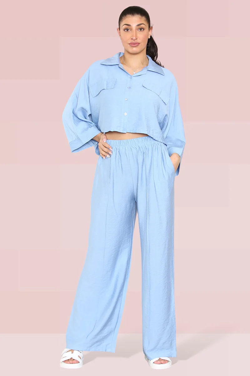 Versatile Long Sleeve Button Crop Shirt & Loose Trousers Co-ord - Image 4