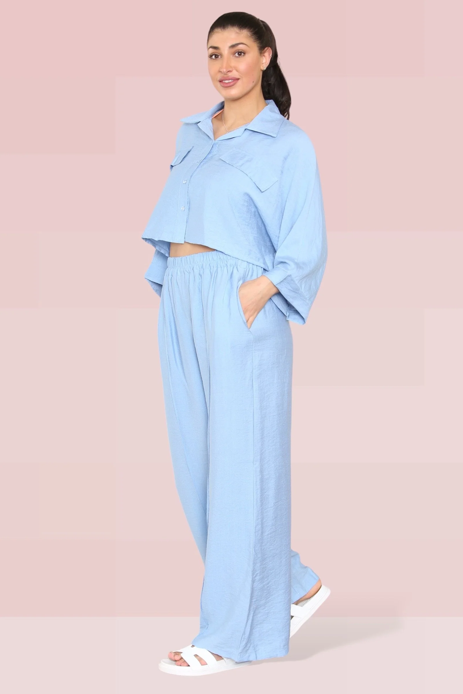 Versatile Long Sleeve Button Crop Shirt & Loose Trousers Co-ord - Image 5
