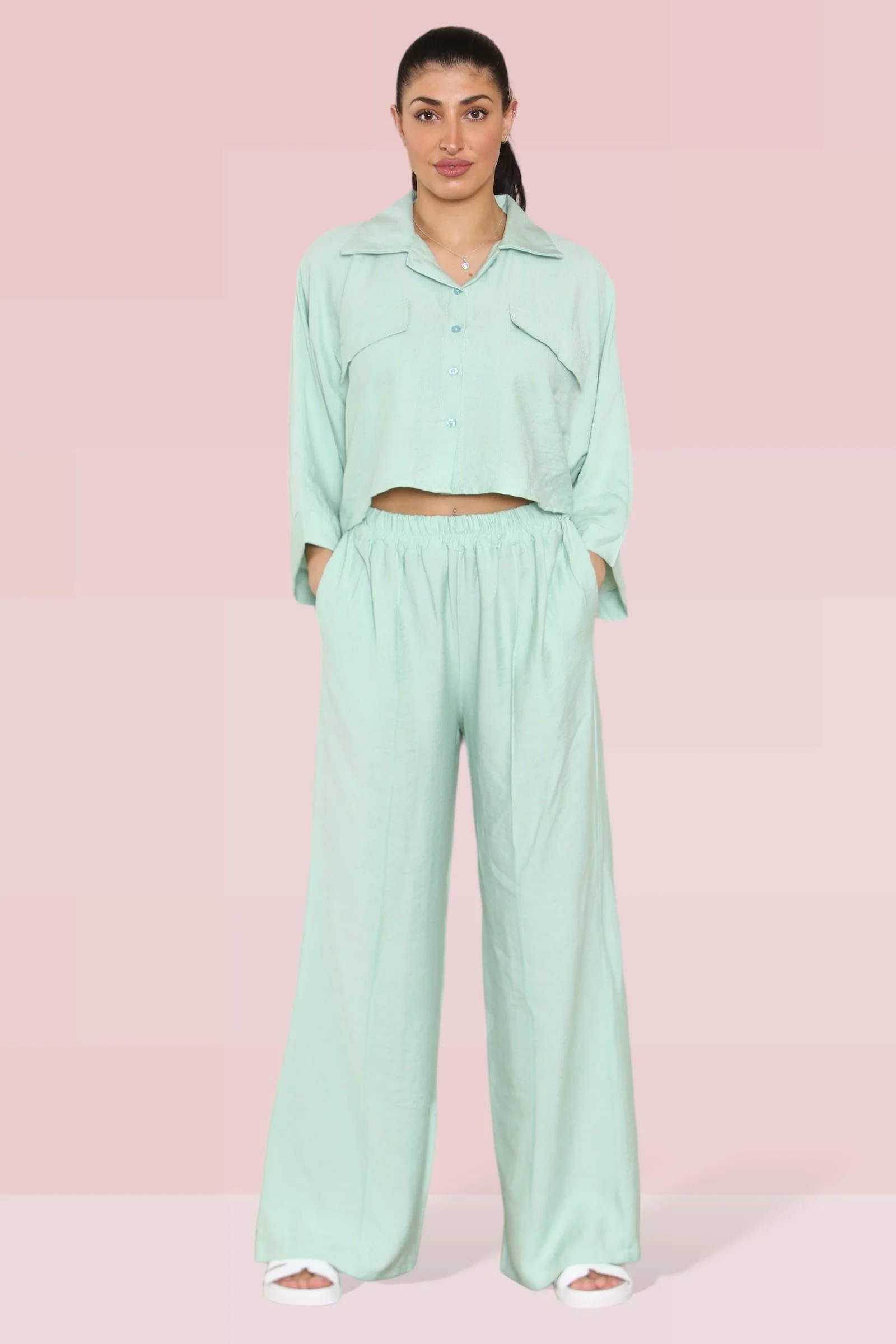 Versatile Long Sleeve Button Crop Shirt & Loose Trousers Co-ord - Image 7