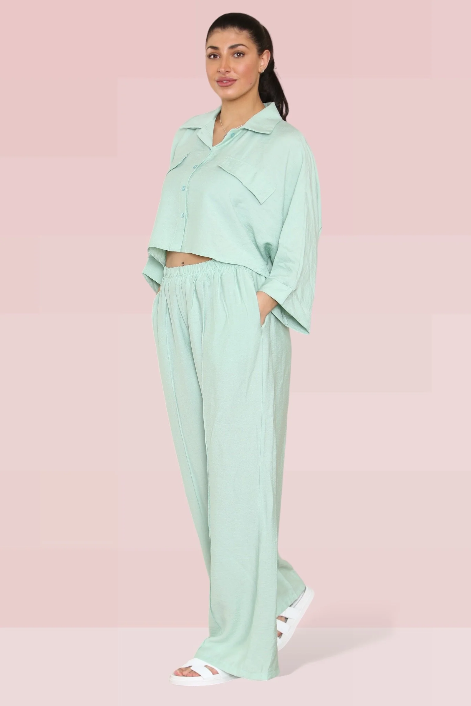 Versatile Long Sleeve Button Crop Shirt & Loose Trousers Co-ord - Image 8