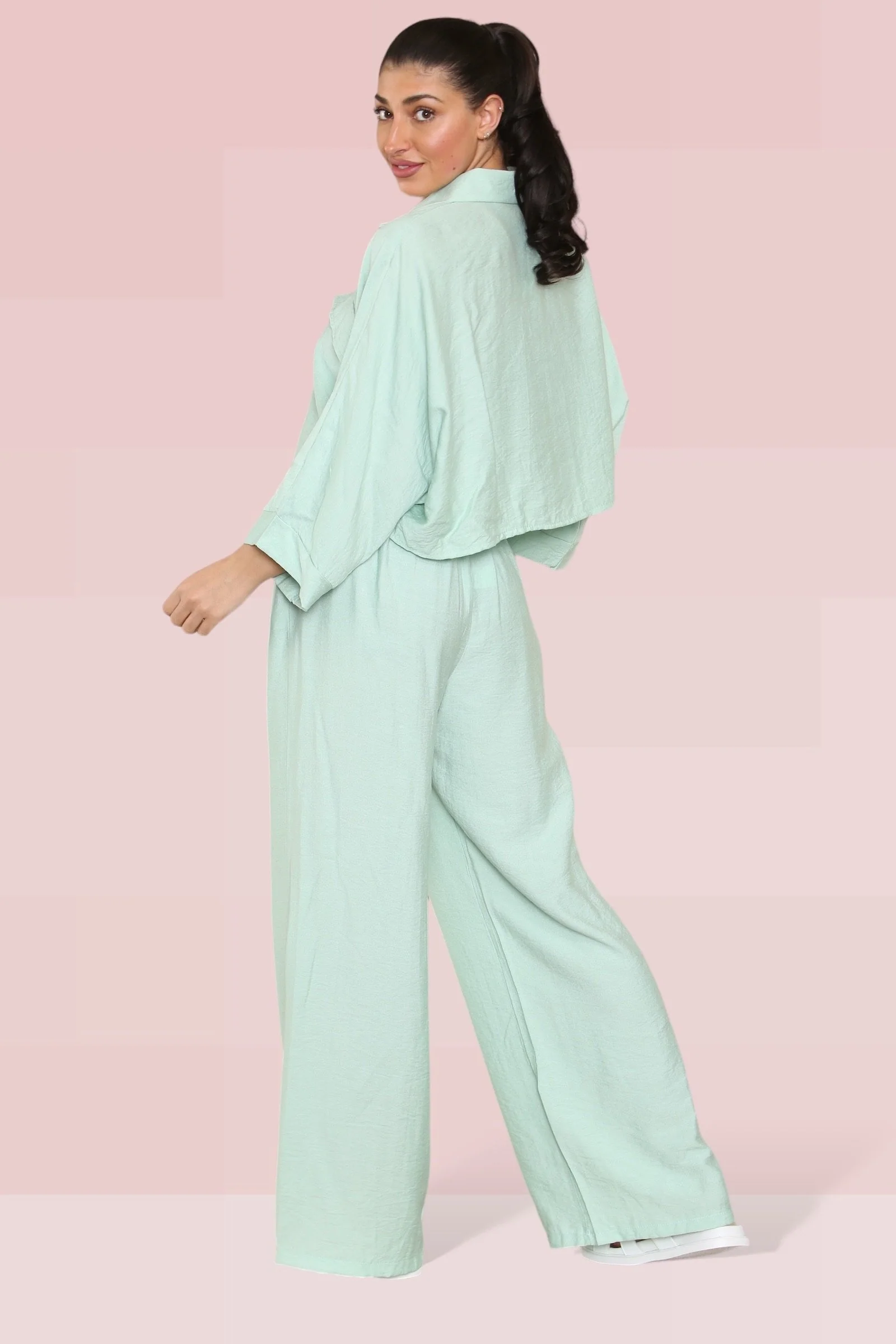 Versatile Long Sleeve Button Crop Shirt & Loose Trousers Co-ord - Image 9