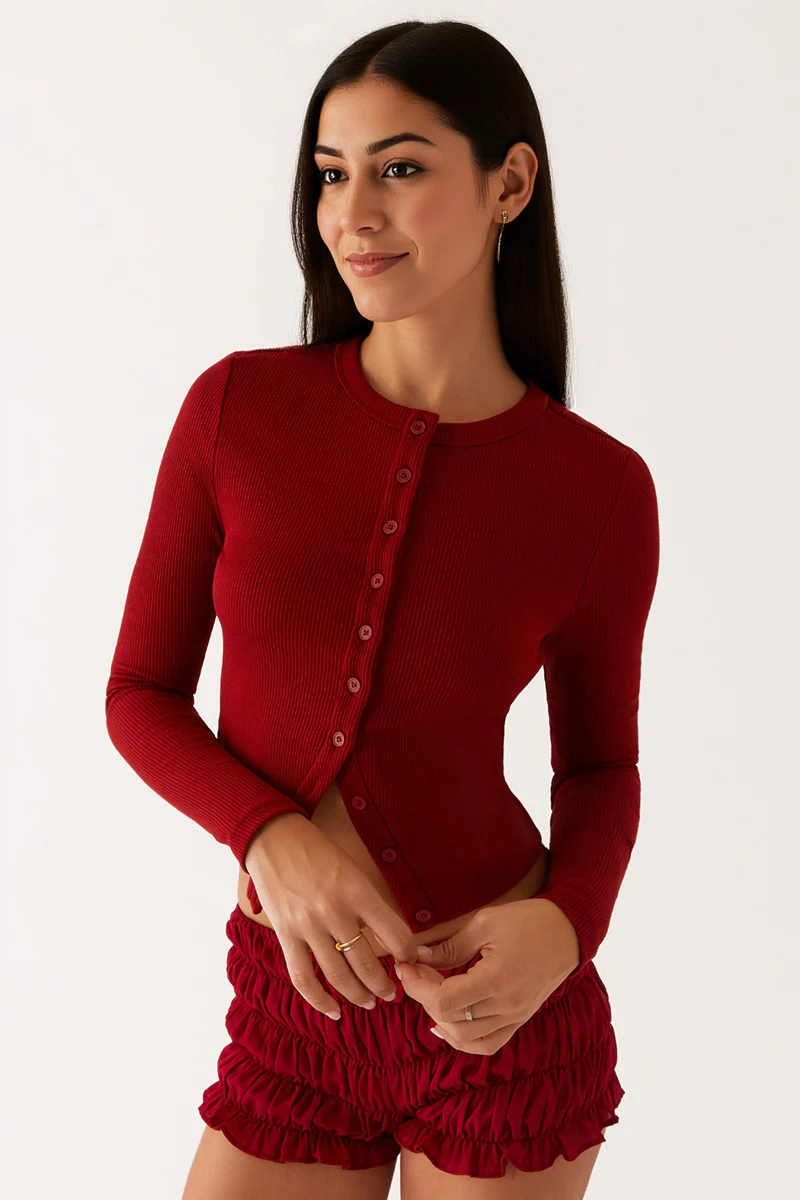 Versatile Solid Color Knit Button-Up Slim Top - Image 5