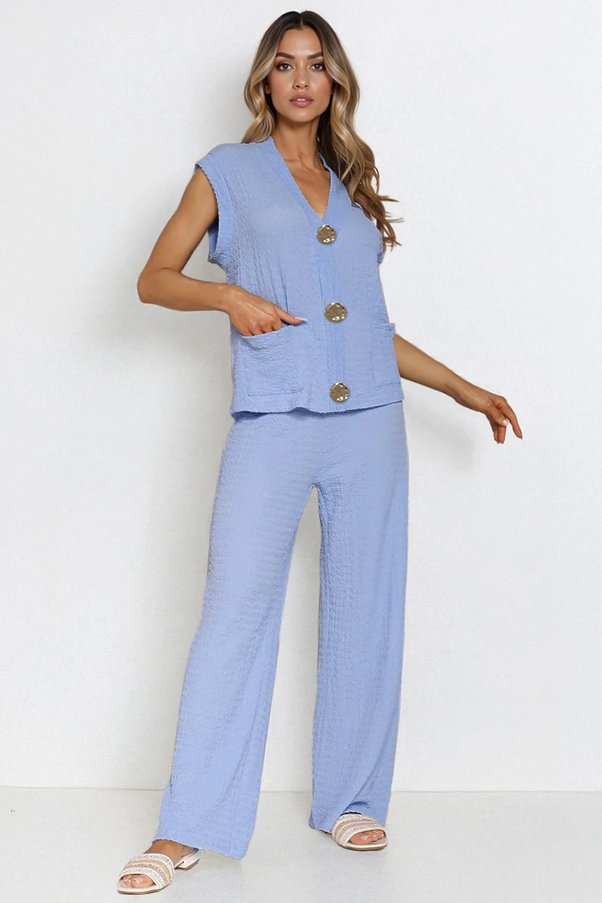 Katchme V Neck Gold Button Decor Loose Tank Top & Wide Leg Trousers Co-ord Set - Image 3