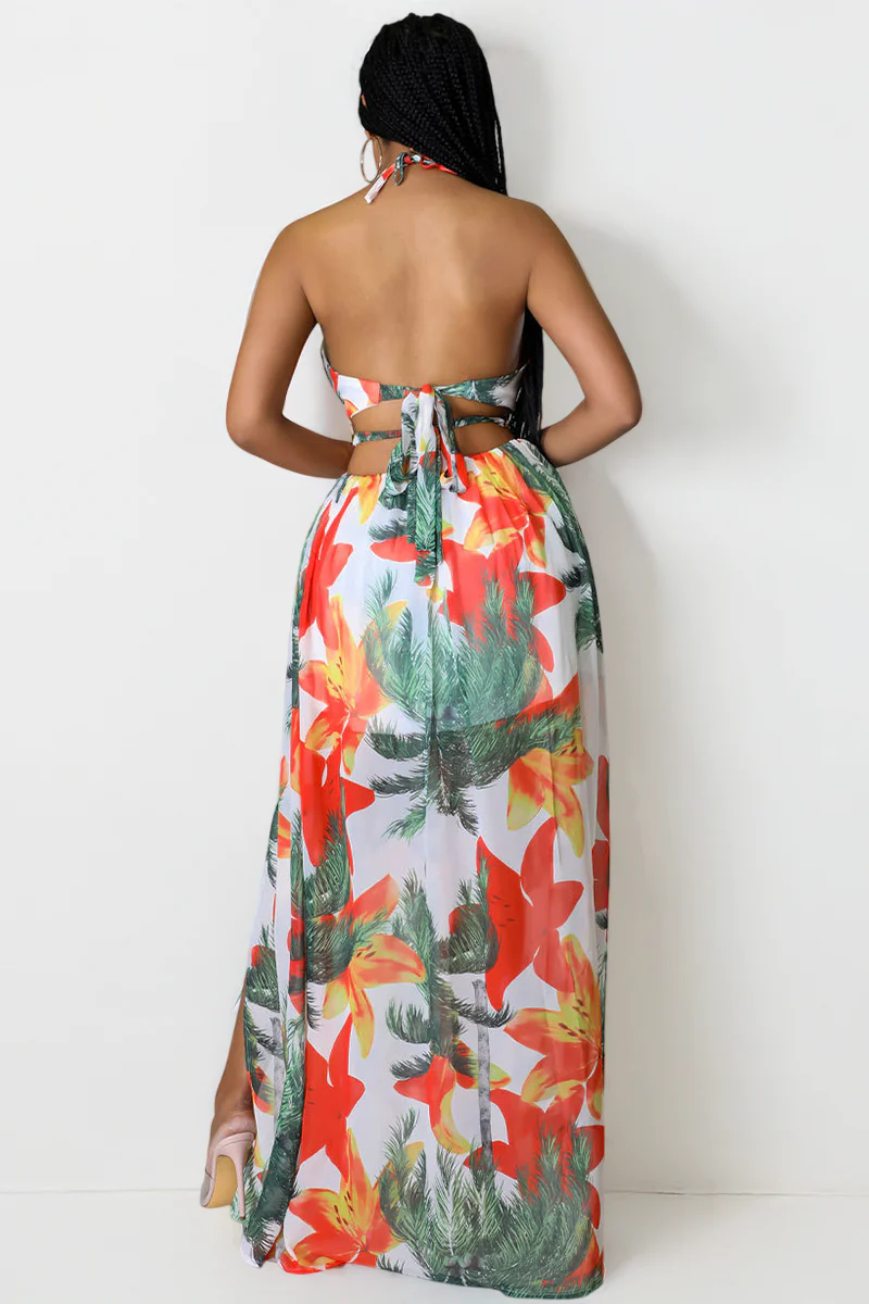 Vibrant Deep V Adjustable Halter Floral Print High Split Maxi Dress - Image 2