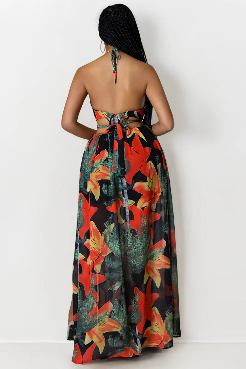 Vibrant Deep V Adjustable Halter Floral Print High Split Maxi Dress - Image 3