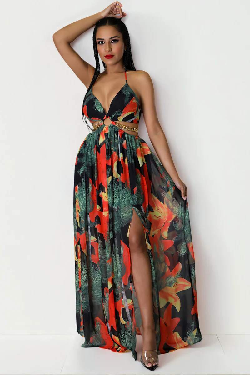 Vibrant Deep V Adjustable Halter Floral Print High Split Maxi Dress - Image 4