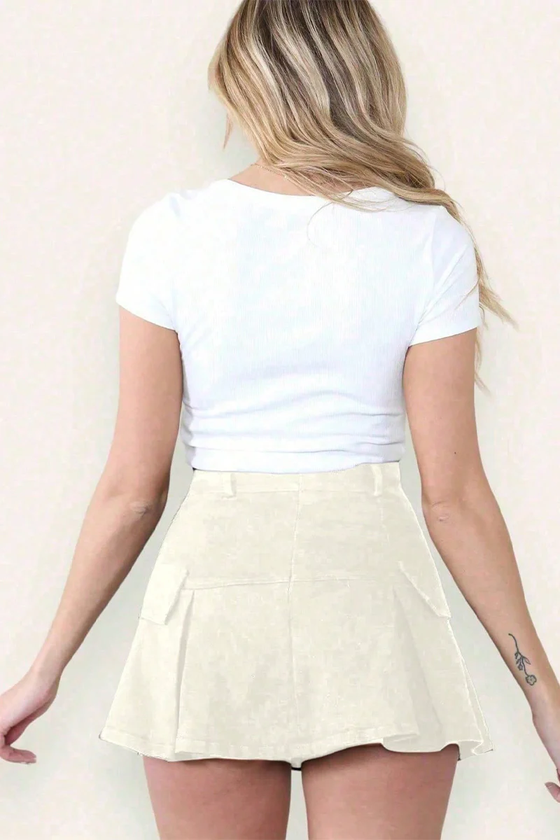Vintage High Waist Faux Pockets A-Line Mini Skirt - Image 9