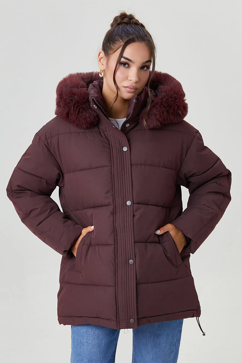 Katchme Fluffy Hooded Zip-Up Belted Mid-Length Cotton Coat