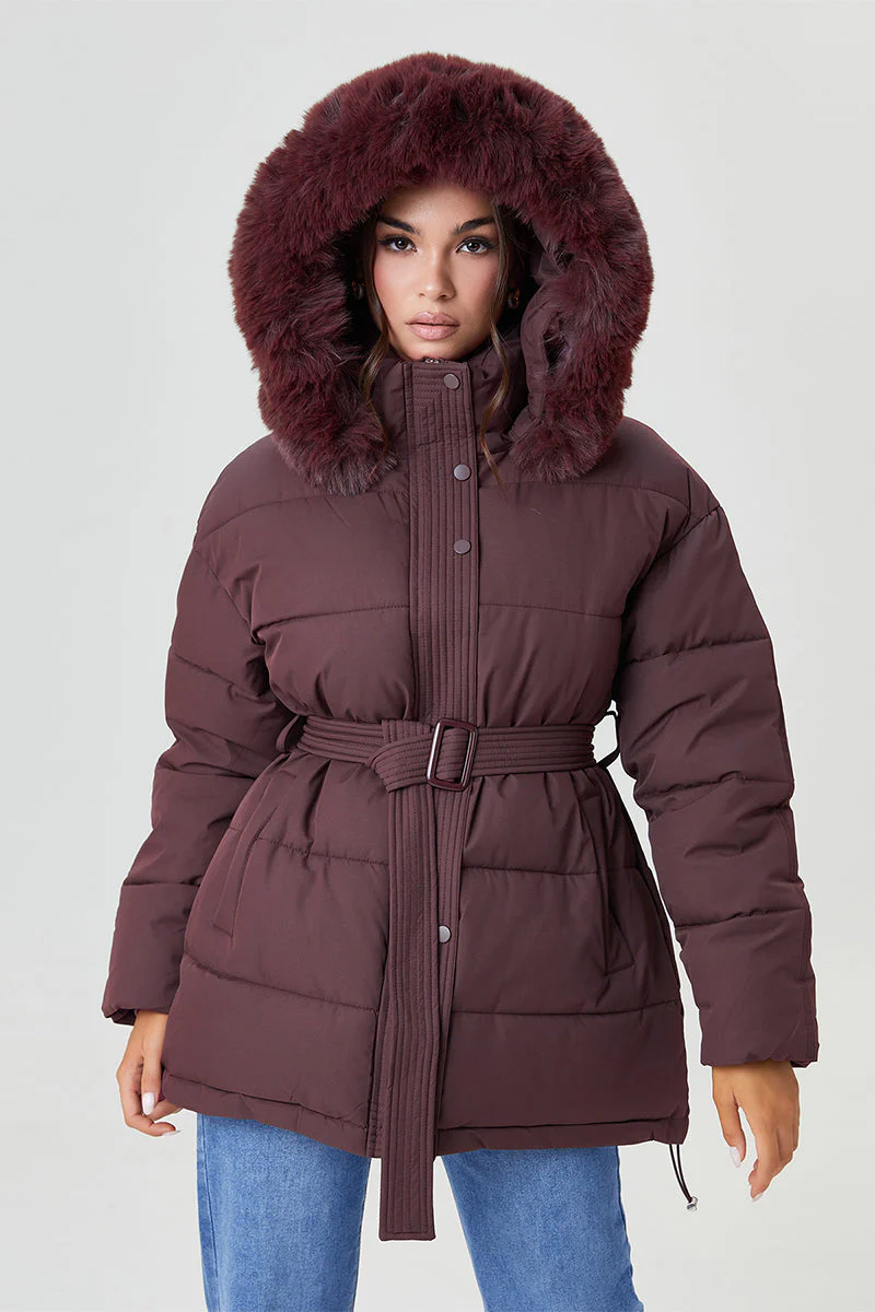 Katchme Fluffy Hooded Zip-Up Belted Mid-Length Cotton Coat - Image 2
