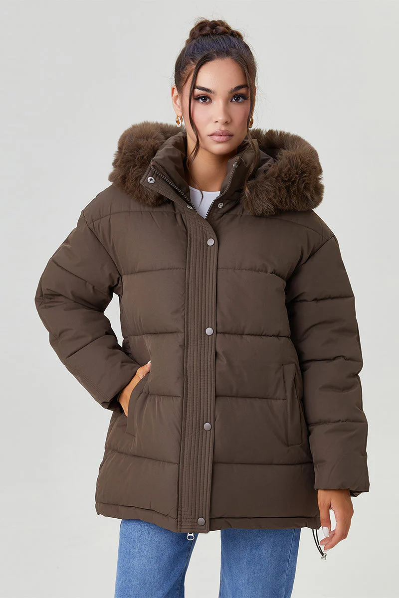 Katchme Fluffy Hooded Zip-Up Belted Mid-Length Cotton Coat - Image 3