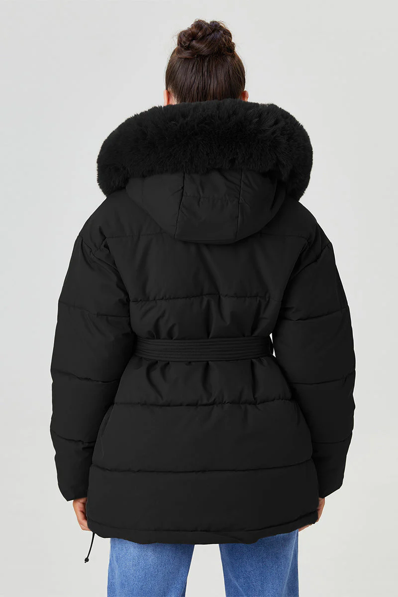 Katchme Fluffy Hooded Zip-Up Belted Mid-Length Cotton Coat - Image 4