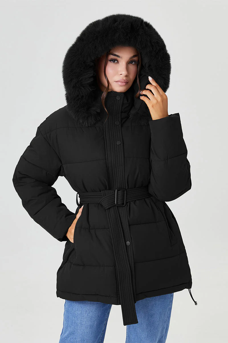 Katchme Fluffy Hooded Zip-Up Belted Mid-Length Cotton Coat - Image 6