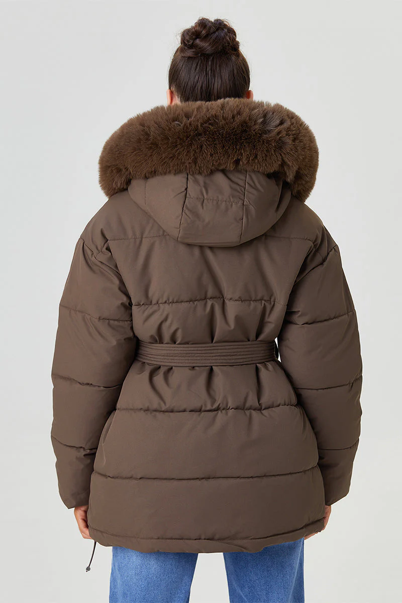 Katchme Fluffy Hooded Zip-Up Belted Mid-Length Cotton Coat - Image 7
