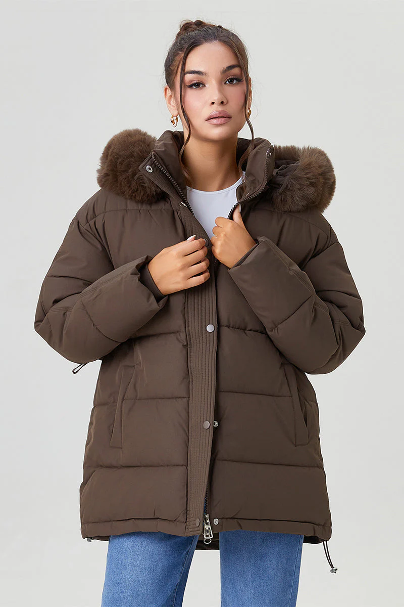 Katchme Fluffy Hooded Zip-Up Belted Mid-Length Cotton Coat - Image 8